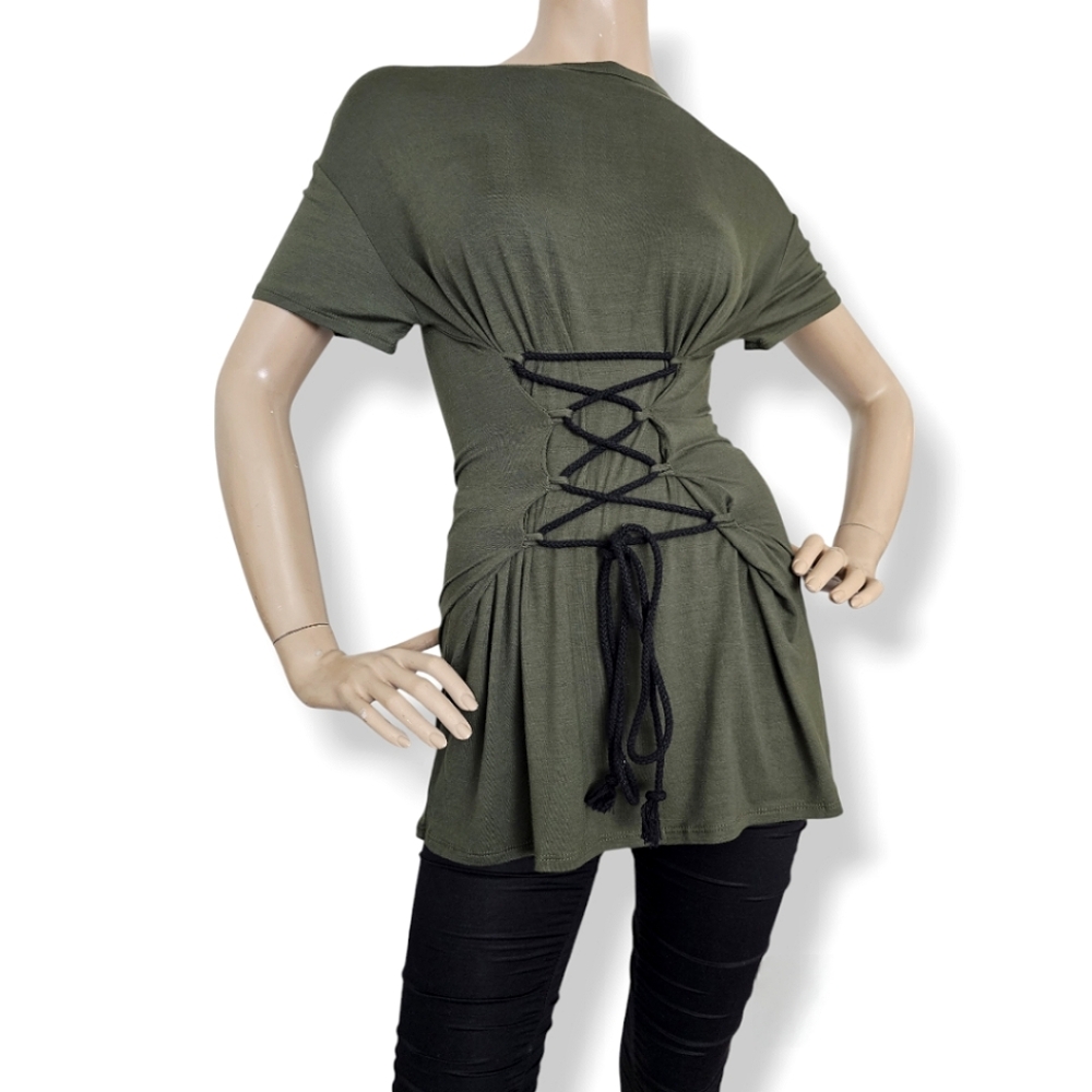 Fashion Nova Green Front Waist Lace Up T-Shirt Tunic Top